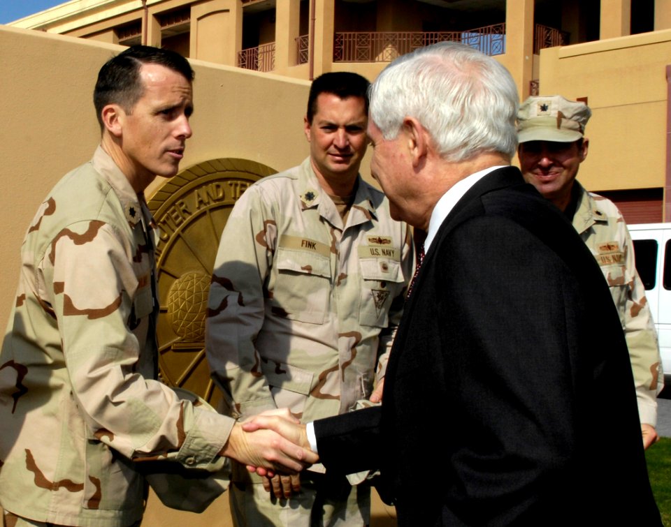 US Navy 070118-D-7203T-007 Secretary of Defense Robert Gates meets with graduates from Texas A^M University at the U.S. Naval Forces Central Command headquarters in Manama, Bahrain, Jan. 18