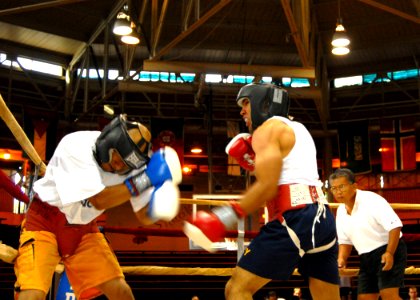 US Navy 070119-N-4965F-023 Seaman Marcus Johnson (right), assigned to Oliver Hazard Perry-class guided-missile frigate USS Reuben James (FFG 57), moves around his opponent