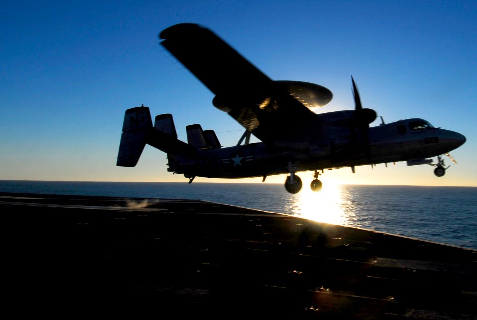 US Navy 070122-N-3729H-159 An E-2C Hawkeye assigned to the Golden Hawks of Carrier Airborne Early Warning Squadron One One Two (VAW-112) performs a touch and go maneuver