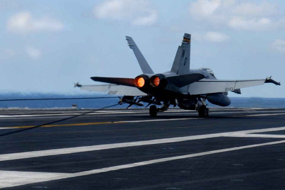 US Navy 070121-N-0684R-042 An F-A-18C Hornet assigned to the Death Rattlers of Marine Strike Fighter Squadron Three Two Three (VMFA-323) successfully lands on the flight deck of the Nimitz-class aircraft carrier USS John C. Ste