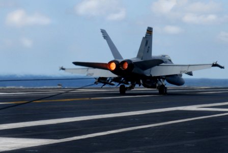 US Navy 070121-N-0684R-042 An F-A-18C Hornet assigned to the Death Rattlers of Marine Strike Fighter Squadron Three Two Three (VMFA-323) successfully lands on the flight deck of the Nimitz-class aircraft carrier USS John C. Ste