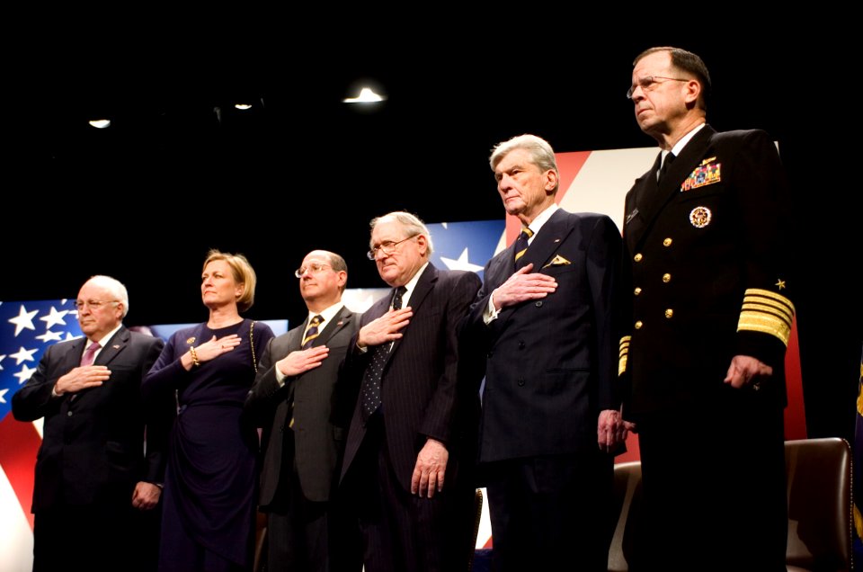 US Navy 070116-N-0696M-012 Vice President Dick Cheney, Susan Ford Bates, Secretary of the Navy Donald C. Winter, Senator Carl Levin, Senator John Warner and Chief of Naval Operations Adm. Mike Mullen attend the unveiling and na