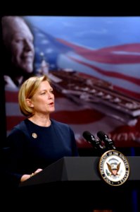 US Navy 070116-N-3642E-217 Susan Ford Bales, daughter of President Gerald R. Ford, speaks to an audience of 300 during the official naming ceremony of the USS Gerald R. Ford (CVN 78), the first aircraft carrier in the Ford clas