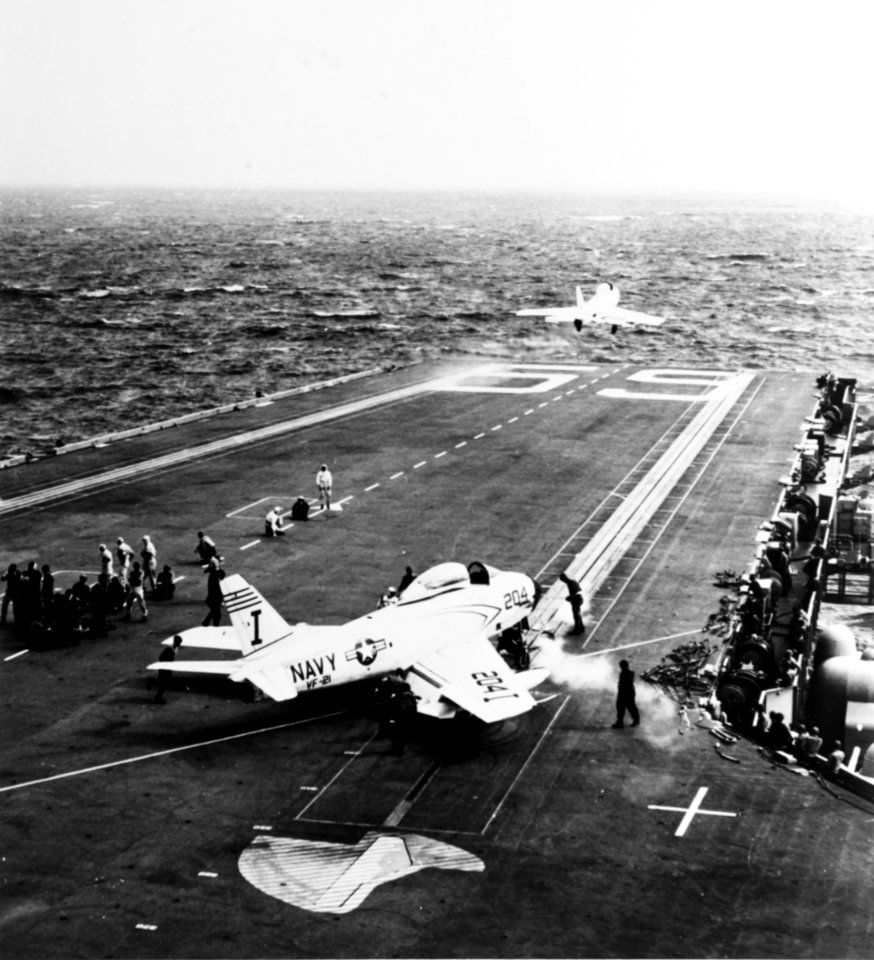 USS Forrestal (CVA-59) launches FJ-3s of VF-21 in Feburary 1956
