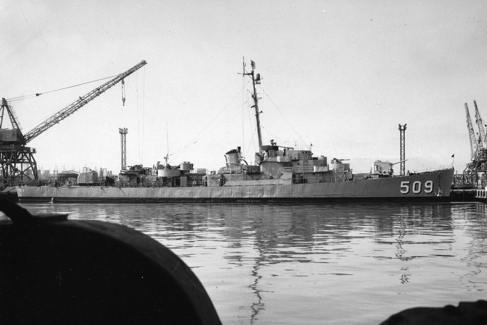 USS Formoe (DE-509) in port, circa in 1956