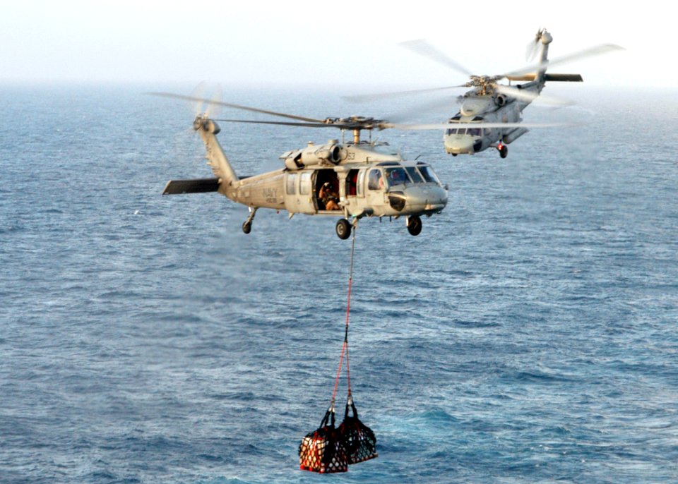 US Navy 070125-N-8446A-003 An MH-60S Seahawk assigned to the Dragon Whales of Helicopter Sea Combat Squadron Two Eight (HSC-28) transfer cargo to the Nimitz-class aircraft carrier USS Dwight D. Eisenhower (CVN 69)