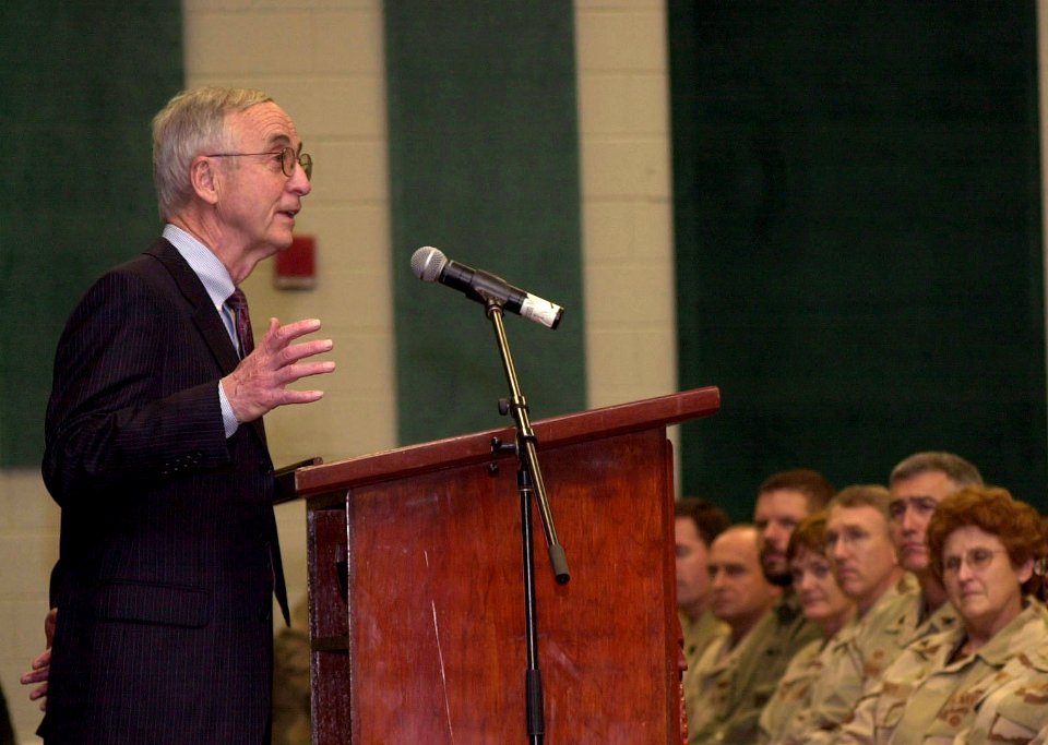 US Navy 070122-N-4205W-001 Deputy Secretary of Defense Gordon England conducts a town hall meeting with service members aboard Naval Support Activity Bahrain