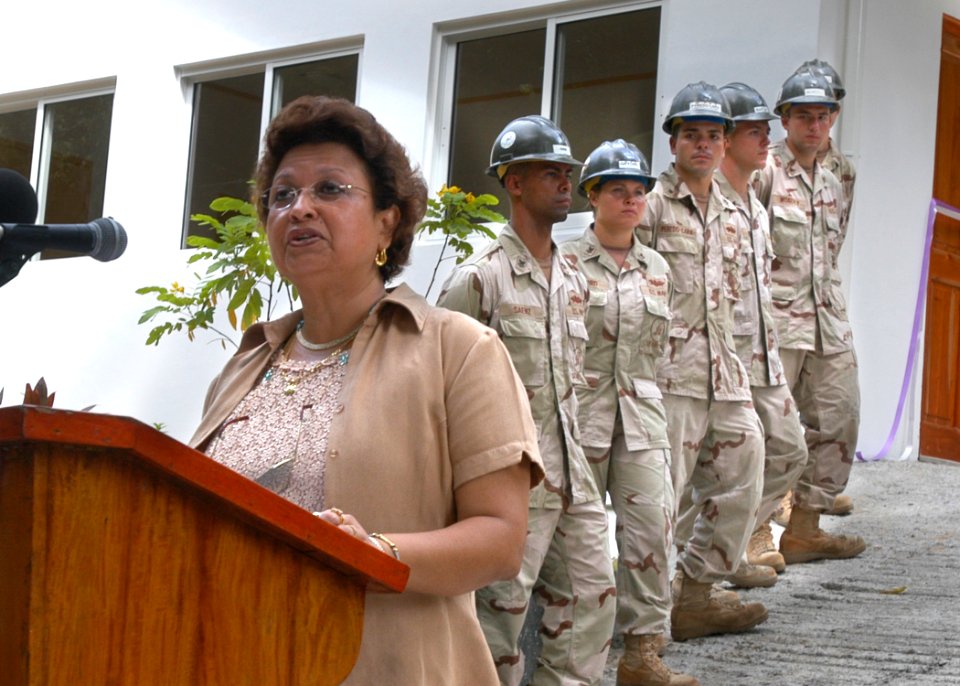 US Navy 070131-N-1328C-035 MacSuzy Mondon, Seychelles Minister of Health speaks of her appreciation for the Seabees assigned to Naval Mobile Construction Battalion Five (NMCB-5) and their success in constructing a new mortuary