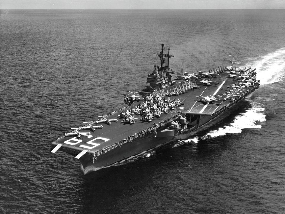 USS Forrestal (CVA-59) underway at sea in 1957