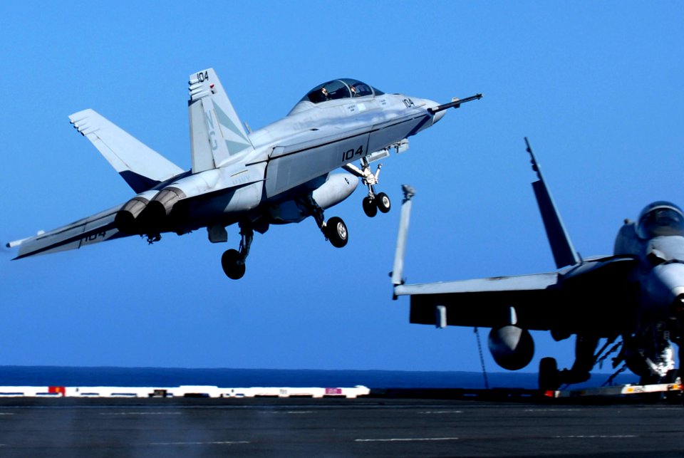 US Navy 070127-N-0684R-070 An F-A-18F Super Hornet assigned to the Black Knights of Strike Fighter Squadron One Five Four VFA-154 in flight after launching from the flight deck aboard Nimitz-class aircraft carrier USS John C. S