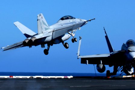 US Navy 070127-N-0684R-070 An F-A-18F Super Hornet assigned to the Black Knights of Strike Fighter Squadron One Five Four VFA-154 in flight after launching from the flight deck aboard Nimitz-class aircraft carrier USS John C. S