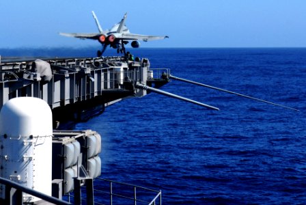 US Navy 070127-N-0684R-035 An F-A-18C Hornet assigned to the Blue Diamonds of Strike Fighter Squadron One Four Six VFA-146 launches from catapult one on the flight deck aboard Nimitz-class aircraft carrier USS John C. Stennis C