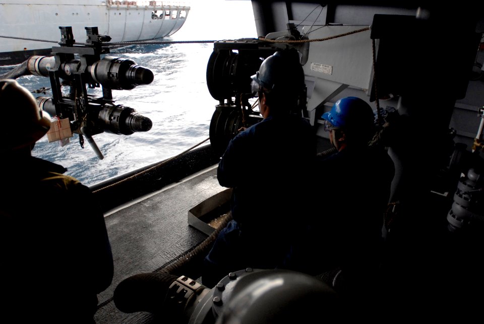 US Navy 070128-N-7730P-078 Deck department personnel aboard USS Ronald Reagan (CVN 76), release the fuel probe during an emergency breakaway after a refueling at sea (RAS) with Military Sealift Command (MSC) underway replenishm