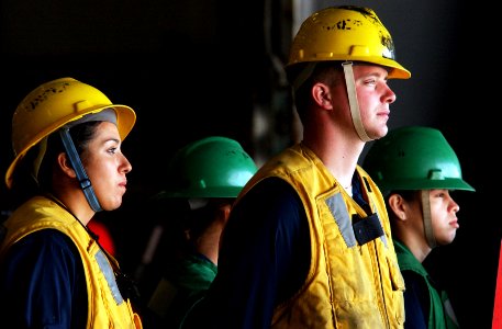 US Navy 070203-N-4009P-087 Sailors assigned to support a replenishment at sea (RAS), stand by while waiting to receive another load of cargo from Military Sealift Command (MSC) underway replenishment ship USNS John Ericsson (TA