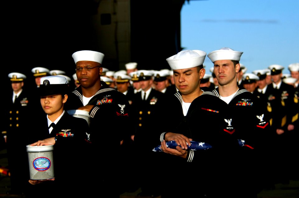 US Navy 070130-N-0555B-075 Sailors assigned to the Eagles of Strike Fighter Squadron One One Five (VFA-115) honor one of their own during a burial at sea ceremony held aboard USS Ronald Reagan (CVN 76)