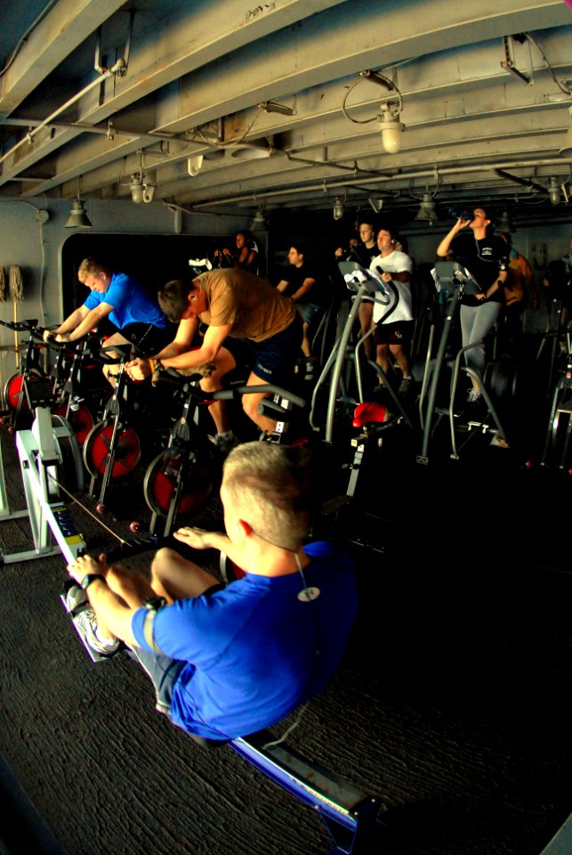 US Navy 070130-N-0684R-034 Sailors take time out of their day to maintain physical readiness by using cardiovascular equipment on the starboard side sponson aboard Nimitz-class aircraft carrier USS John C. Stennis (CVN 74)
