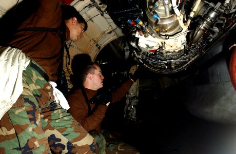 US Navy 070129-N-9712C-002 Airman Chris Miller explains how to do a turnaround inspection on an EA-6B Prowler from Tactical Electronic Control Squadron One Three Nine (VAQ-139) to Storekeeper Seamen Jason Caron