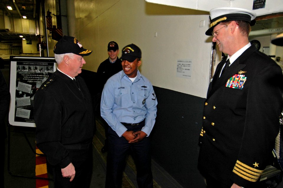 US Navy 070201-N-7883G-017 Adm. Timothy Keating, commander of North American Aerospace Defense (NORAD) and U.S. Northern Command, speaks with USS Kitty Hawk (CV 63) Sailors during a visit to the ship