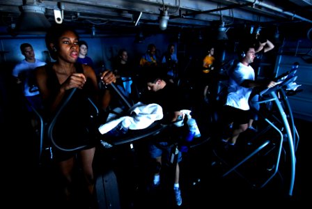 US Navy 070131-N-3729H-064 Lt. j.g. Angela Esemota enjoys physical training outside on the starboard side exercise equipment sponson aboard Nimitz-class aircraft carrier USS John C. Stennis (CVN 74)