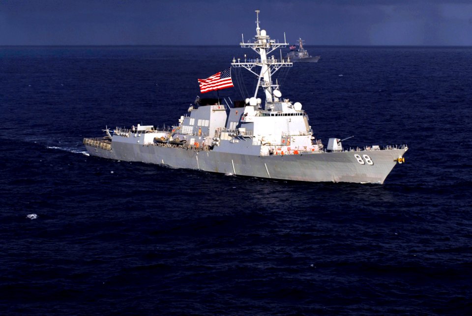 US Navy 070206-N-3729H-347 Guided missile destroyer USS Preble (DDG 88) transits in formation during a photo exercise showcasing the entire John C. Stennis Carrier Strike Group (JCSSG) off the coast of Guam