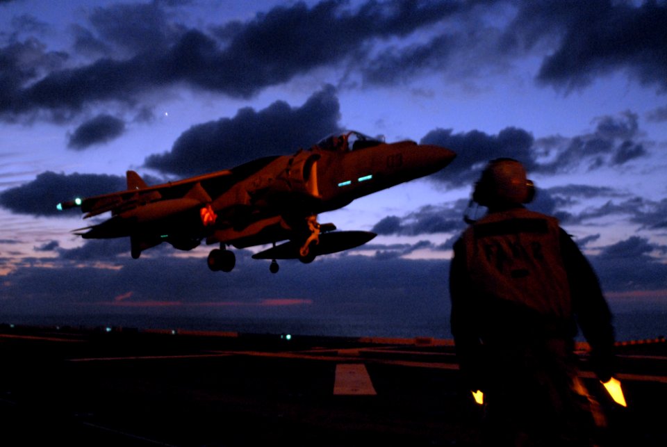 US Navy 070204-N-4010S-088 An AV-8B Night Attack Harrier II, assigned to the Blacksheep of Marine Attack Squadron Two One Four (VMA-214), prepares to land