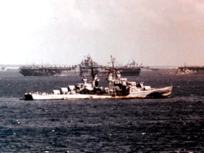 USS Flint (CL-97) at anchor in March 1945 (80-G-K-3813)