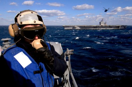US Navy 070208-N-5345W-043 Aviation Boatswain's Mate 3rd Class Alex Dieringer mans the elevator three topside control station aboard USS Harry S. Truman (CVN 75)
