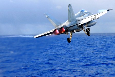 US Navy 070204-N-0684R-083 An F-A-18C Hornet assigned to the Blue Diamonds of Strike Fighter Squadron One Four Six (VFA-146) is in flight after launching from the flight deck aboard Nimitz-class aircraft carrier USS John C. Ste