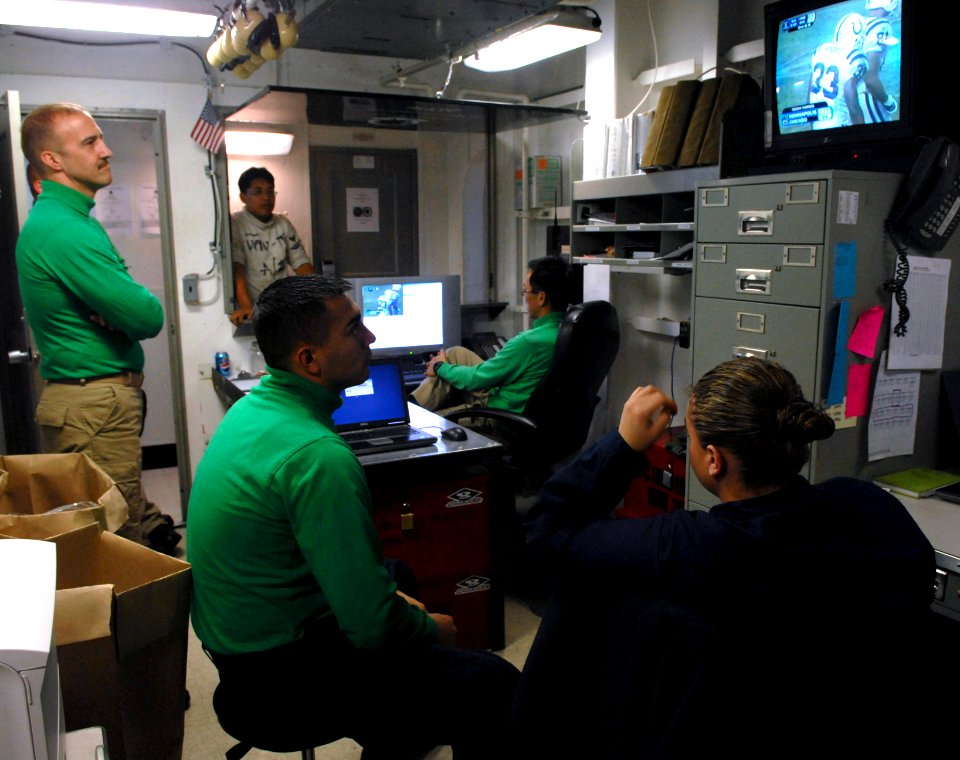US Navy 070204-N-3659B-078 Sailors assigned to Airborne Early Warning Squadron One One Three (VAW-133) watch Super Bowl XLI in their work center aboard Nimitz-class aircraft carrier USS Ronald Reagan (CVN 76)