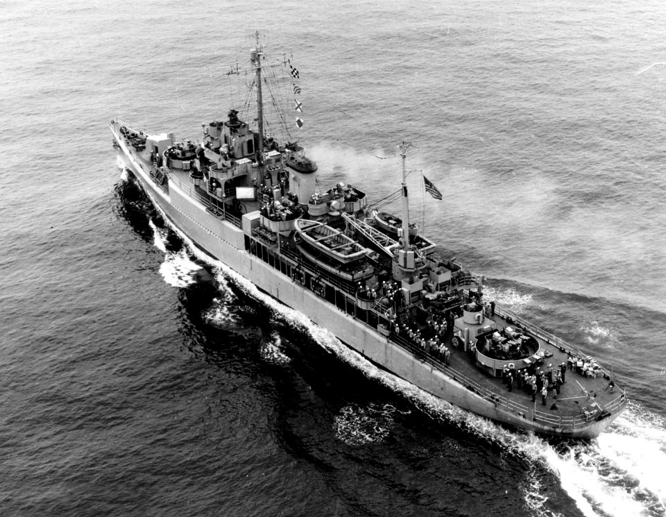 USS Floyds Bay (AVP-40) underway at sea, circa inthe 1950s (NH 98810)