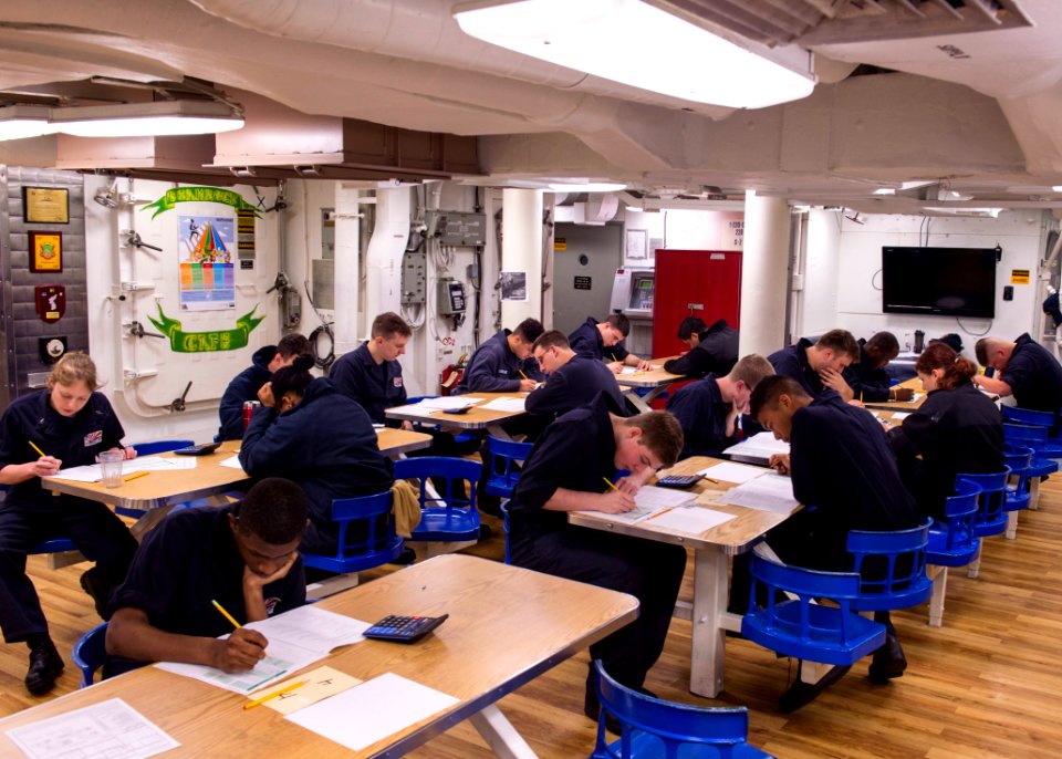 USS Fitzgerald Sailors take the E-4 advancement exam 160317-N-GW139-018