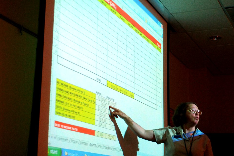 US Navy 070207-N-5758H-019 Michele Viola-Hudak, a financial educator, explains how to create a standard budge worksheet during a Command Financial Specialist (CFS) training course at Fleet and Family Support Center aboard Naval