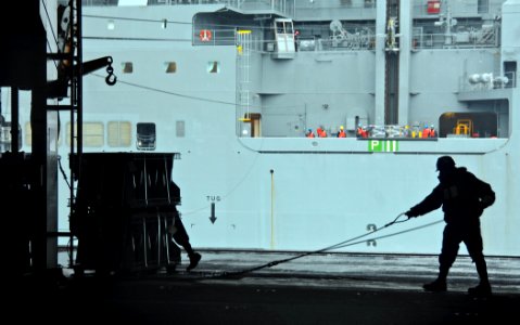 US Navy 070207-N-8923M-027 A Sailor unloads ordnance aboard Nimitz-class aircraft carrier USS Harry S. Truman (CVN 75) after being transferred from Military Sealift Command (MSC) dry cargo-ammunition ship USNS Lewis and Clark (