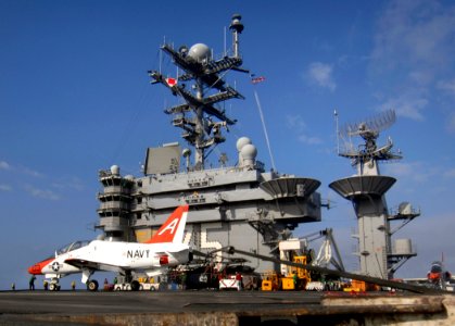 US Navy 070203-N-5345W-025 A T-45 Goshawk assigned to Training Airwing Two (TRAWING-2) catches the number three wire while making an arrested recovery aboard Nimitz-class aircraft carrier USS Harry S. Truman (CVN 75)