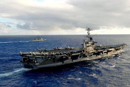 US Navy 070206-N-0684R-390 USS John C. Stennis (CVN 74) and USS Antietam (CG 54) move into formation in preparation for a photo exercise along with USS Preble (DDG 88), USS O'kane (DDG 77) and USNS Bridge (T-AOE-10), off the co