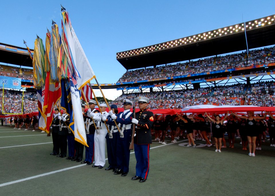 US Navy 070210-N-4965F-003 A joint service color guard present colors at mid-field during the National Football League's 2007 Pro Bowl game at Aloha Stadium in Honolulu, Hawaii