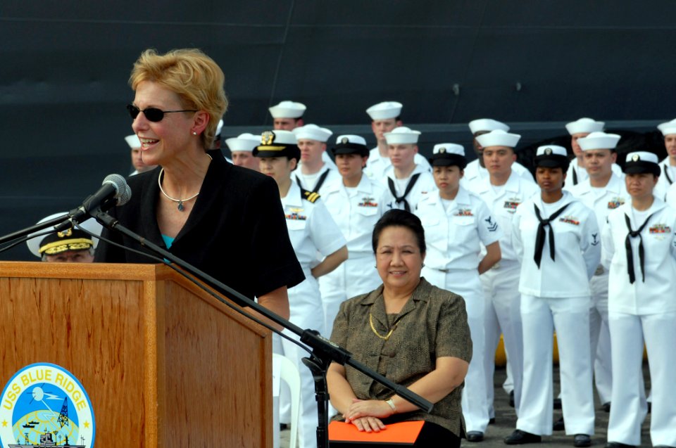 US Navy 070208-N-1113S-001 U.S. Ambassador to the Philippines Kristie A. Kenney speaks during a ceremony welcoming amphibious command ship USS Blue Ridge (LCC 19)
