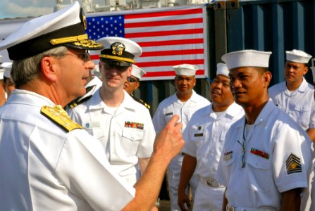 US Navy 070208-N-1113S-003 Commander, U.S. 7th Fleet, Vice Adm. Doug Crowder talks with members of the 7th Fleet Band and Philippine navy band during a ceremony welcoming the amphibious command ship USS Blue Ridge (LCC 19)