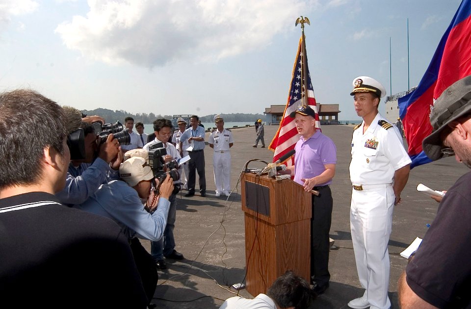 US Navy 070209-N-8534H-002 U.S. Ambassador to Cambodia Joseph A. Mussomeli and Commanding Officer of guided-missile frigate USS Gary (FFG 51) Cmdr. Joseph Deleon conduct a press conference