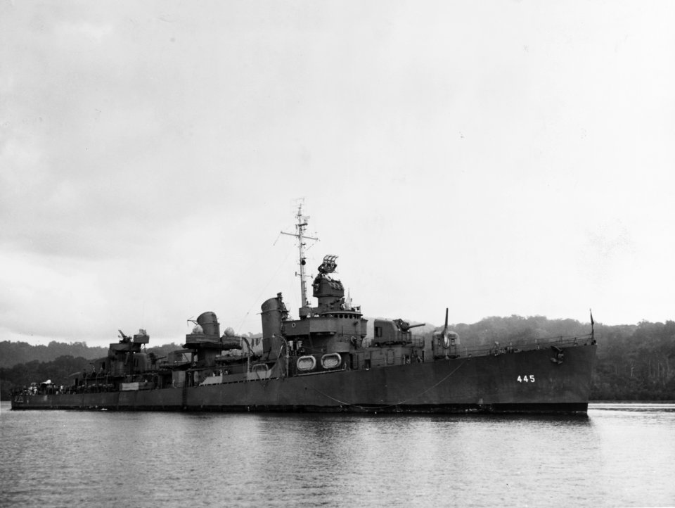 USS Fletcher (DD-445) at anchor in Purvis Bay, Florida Island, Solomon Islands, on 26 March 1943 (NH 53916)