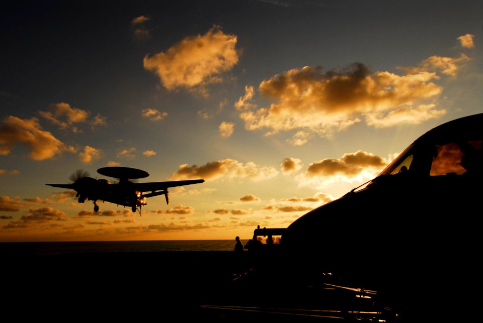 US Navy 070216-N-3729H-124 An E-2C Hawkeye assigned to the Golden Hawks of Carrier Airborne Early Warning Squadron One One Two (VAW-112) prepares for an arrested landing