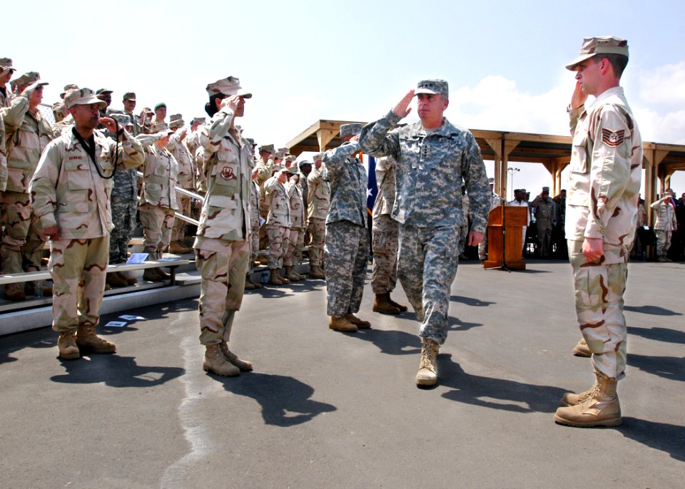 US Navy 070214-N-1328C-089 Commander, U.S. Central Command, U.S. Army Gen. John Abizaid, passes through side boys at the conclusion of Combined Joint Task Force-Horn of Africa (CJTF-HOA) change of command ceremony