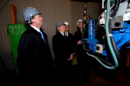 US Navy 070220-N-3642E-019 Secretary of the Navy (SECNAV), the Honorable Donald C. Winter tours an automated robotic welding facility at the A.P. Moller-Maersk's Odense Steel Shipyard