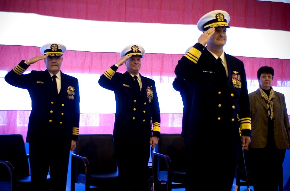 US Navy 070216-N-0696M-190 From left, Capt. Robert Malene, Vice Adm. Walter B. Massenburg, Vice Adm. David J. Venlet and Dr. Delores M. Etter, Assistant Secretary of the Navy for Research, Development and Acquisition, salute at