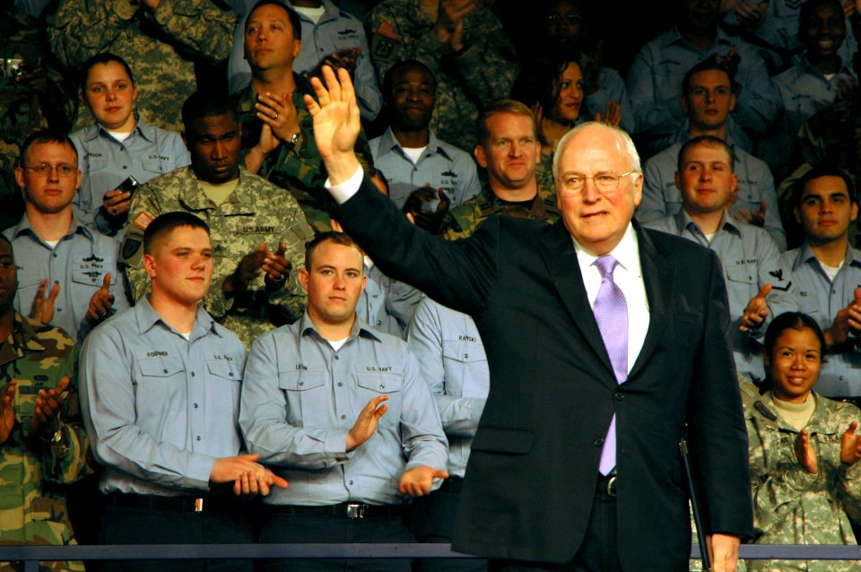 US Navy 070221-N-7883G-068 Vice President Dick Cheney waves to the audience after speaking to military personnel, family members and Department of Defense civilian employees during a visit to USS Kitty Hawk (CV 63)