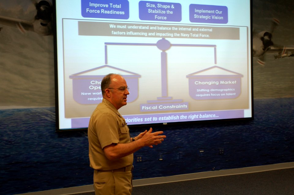 US Navy 070222-N-4698K-011 Chief of Naval Personnel, Vice Adm. J.C. Harvey Jr., speaks to a group of master chiefs petty officers at Naval Air Station Jacksonville, Fla., to discuss his plans to implement the Navy's future read
