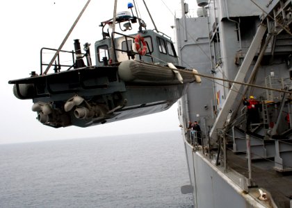 US Navy 070220-N-6710M-005 Sailors on board dock landing ship USS Tortuga (LSD 46) work together to recover a small boat from the ship's port side
