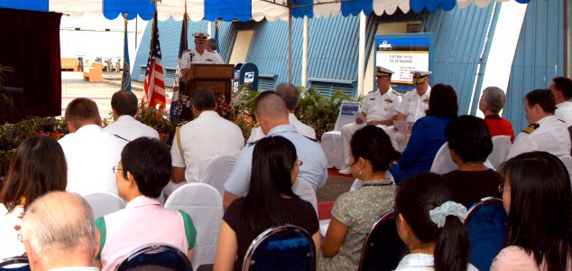 US Navy 070216-N-2573D-002 Capt. Russell Pendergrass delivers opening remarks during Navy Region Center Singapore's (NRCS) name changing ceremony held in front of Building 7-4 at the Port of Singapore Authority