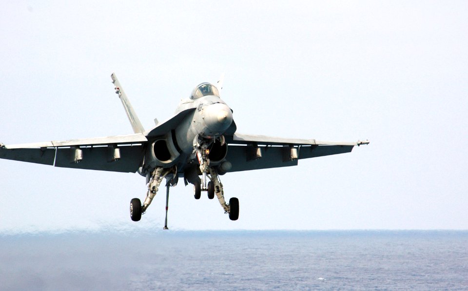 US Navy 070301-N-1635S-004 Piloting an F-A-18C Hornet assigned to the Fist of the Fleet of Strike Fighter Squadron (VFA) 25, Capt. Richard Butler prepares to make an arrested landing aboard USS Ronald Reagan (CVN 76)