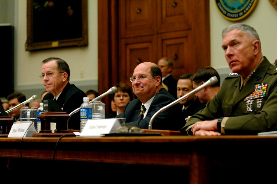 US Navy 070301-N-3642E-145 Secretary of the Navy (SECNAV) the Honorable Dr. Donald C. Winter, Chief of Naval Operations (CNO) Adm. Mike Mullen and Commandant of the Marine Corps Gen. James T. Conway appear before the House Arme